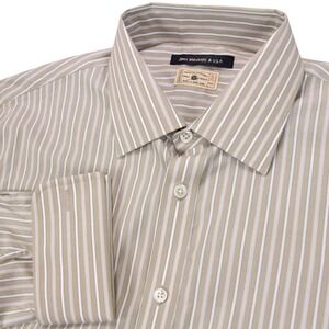 John Varvatos Mens L 16.5 x 33 Tan Stripe Superfine Cotton French Cuff‎ Shirt